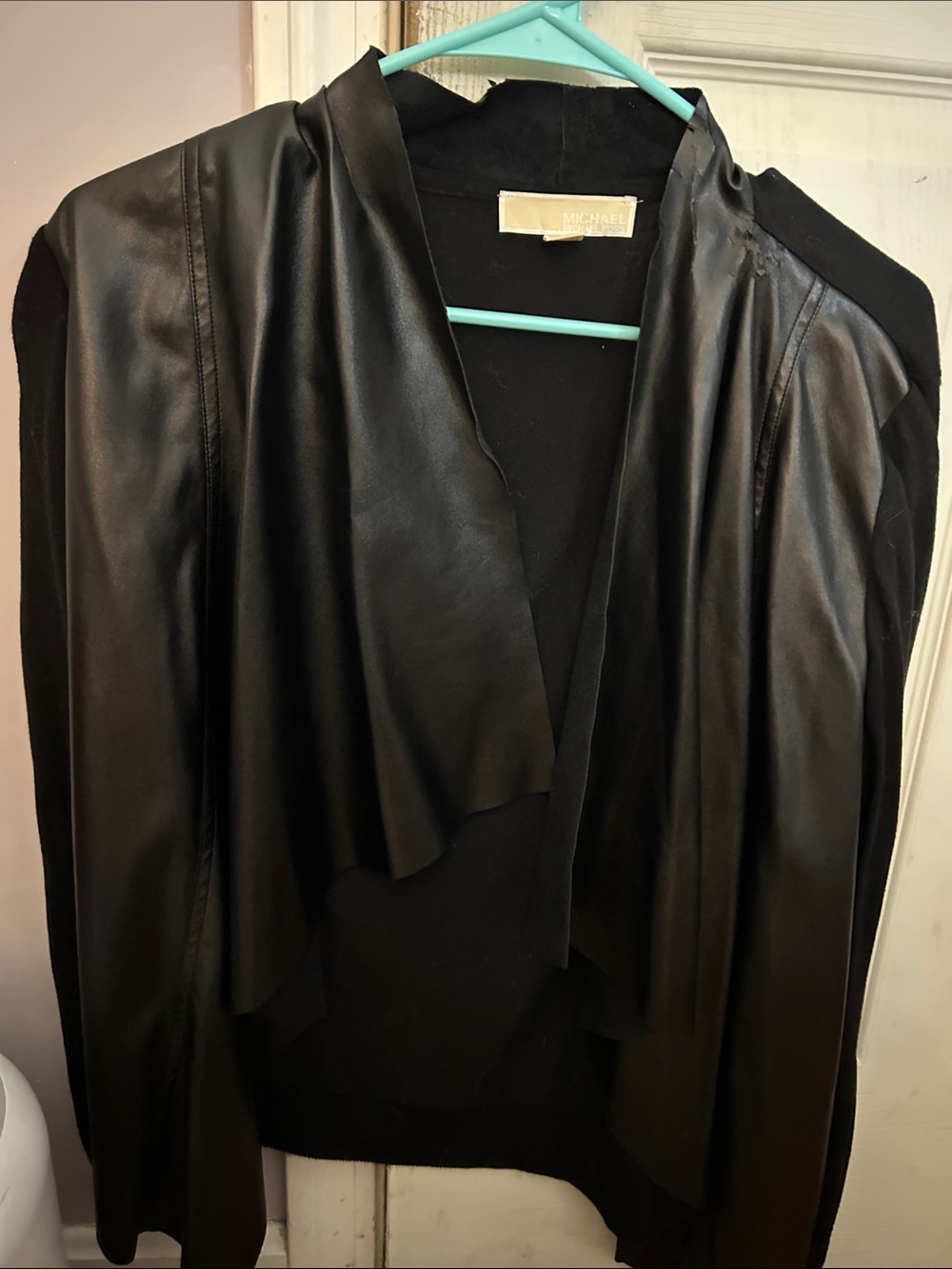 Women’s Michael Kors Black Faux Leather, Cascade, Open-Front Jacket- Large